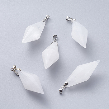 Natural Quartz Crystal Pendants, with Platinum Tone Brass Ice Pick Pinch Bails, Faceted, Bicone, 45~46x16~17mm, Hole: 4.5x4mm