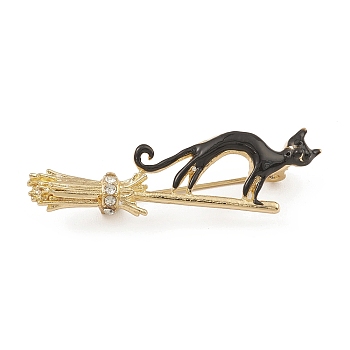 Alloy Rhinestone Brooch Pin, Enamel Cat with Broom, Golden, 19x50.5x10.5mm