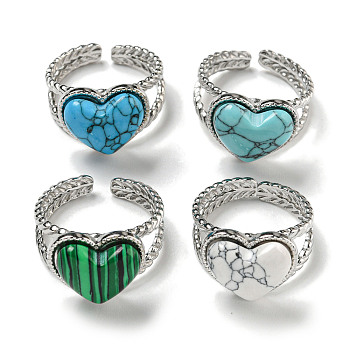 304 Stainless Steel Open Cuff Rings, Synthetic Malachite & Turquoise Heart Finger Rings for Women Men, Stainless Steel Color, Adjustable
