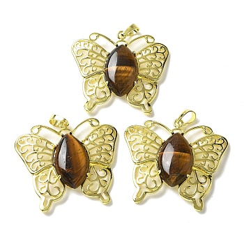 Natural Tiger Eye Pendants, Brass Butterfly Charms, Golden, Rack Plating, Cadmium Free & Lead Free, 41.5x45x8mm, Hole: 8x4.5mm