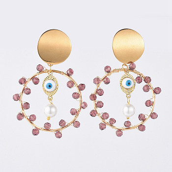 Dangle Stud Earrings, with 304 Stainless Steel Stud Earrings Findings, Brass Enamel Evil Eye Links, Linking Rings, Glass Beads and Earring Backs, Golden, Purple, 63mm, Pin: 0.7mm