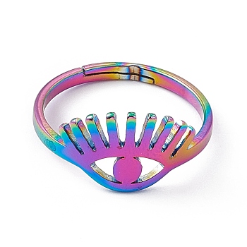 Ion Plating(IP) 201 Stainless Steel Evil Eye Adjustable Ring for Women, Rainbow Color, US Size 6 1/4(16.7mm)