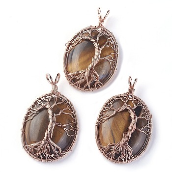 Natural Tiger Eye Big Pendants, with Rose Gold Tone Brass Findings, Oval with Tree of Life, 56~58.5x35~36x12~13.8mm, Hole: 4.2~5.2x4.6~6mm