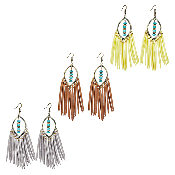 3 Pairs 3 Colors Imitation Leather Tassel Chandelier Earrings, Brass Horse Eye Long Drop Earrings with Iron Pins for Women, Mixed Color, 120~122mm, 1 pair/color