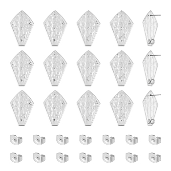 40Pcs 304 Stainless Steel Stud Earrings, with Vertical Loop, Textured Kite, with 40Pcs Ear Nuts, Stainless Steel Color, 30x20mm, Hole: 3mm, Pin: 0.7mm