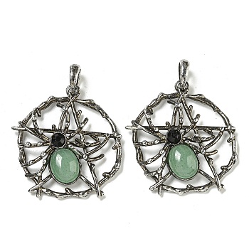 Natural Green Aventurine Pendants, Alloy Pentagram with Spider Charms, Antique Silver, 44.5x39x7mm, Hole: 7.5x6.5mm