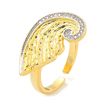 Brass Micro Pave Clear Cubic Zirconia Open Cuff Ring for Women, Real 18K Gold Plated, Wing, Adjustable