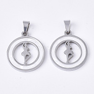 201 Stainless Steel Pendants, with Shell and Random Size Snap on Bails, Flat Round with Dancer, Stainless Steel Color, 23x20x2mm, Hole: 7~10x3~5mm(STAS-N089-69P)