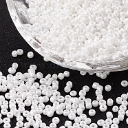 (Repacking Service Available) Glass Seed Beads, Opaque Colors Lustered, Round, White, 8/0, 3mm, Hole: 1mm, about 12g/bag(SEED-C021-3mm-121)