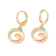 Enamel Flat Round Dangle Leverback Earrings with Clear Cubic Zirconia, Real 18K Gold Plated Brass Drop Earrings, Lead Free & Cadmium Free, Colorful, 28.5mm, Pin: 0.8x1mm(EJEW-F282-09G)