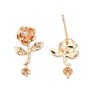 Brass Stud Earring Findings, for Half Drilled Beads, with Clear Cubic Zirconia, Cadmium Free & Nickel Free & Lead Free, Flower, Real 18K Gold Plated, 22mm, Pin: 0.7mm and 1mm(for half drilled bead)(KK-N232-426A)