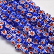 Handmade Millefiori Glass Flat Round Bead Strands, Single Flower Design, Royal Blue, 8x4mm, Hole: 1mm, about 53pcs/strand, 14.7 inch(LK-P011-12)