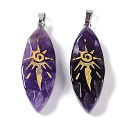 Natural Amethyst Gold Sun Pattern Pendants, Horse Eye Charms, with Rack Plating Platinum Plated Brass Snap on Bails, Lead Free & Cadmium Free, 42.5~43.5x15.5x7.5~8.5mm, Hole: 8x5mm(G-L524-14P-05)