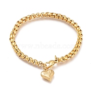 304 Stainless Steel Charm Bracelets, for Valentine's Day, with Box Chains and Lobster Claw Clasps, Heart with Word Love, Golden, 8-1/2 inch(21.6cm), 5mm(STAS-I154-05G)