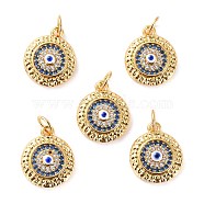 Brass Micro Pave Cubic Zirconia Pendants, with Enamel, Long-Lasting Plated, Cadmium Free & Lead Free, Flat Round with Evil Eye, Real 18K Gold Plated, 15x12.5x3.5mm, Hole: 3.6mm(ZIRC-P092-010G-01-RS)
