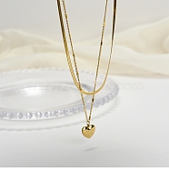 304 Stainless Steel Herringbone & Curb Chains Double Layered Necklaces, Love You Heart Pendant Necklace, Golden, 15.31 inch(38.9cm)(NJEW-K257-01G)