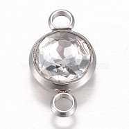 Glass Links connectors, Faceted, with 304 Stainless Steel Findings, Flat Round, Stainless Steel Color, Crystal, 17.5x10x6.5mm, Hole: 2.5mm(GLAA-G018-P02)