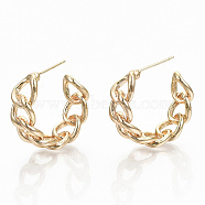Semicircular Brass Half Hoop Earrings, Stud Earrings, Nickel Free, Curb Chain Shape, Real 18K Gold Plated, 26x23x8mm, Pin: 0.7mm(X-KK-T062-38G-NF)