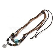 Natural Wooden & Synthetic Turquoise Polygon Double Layered Necklaces, Adjustable Necklace with Alloy Flower Charms, Antique Silver, 15.75~30.71 inch(40~78cm)(NJEW-P281-02AS)
