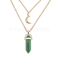 Natural Green Aventurine Cone Pendant Double Layer Necklace, with Moon Charms, 19.69 inch(50cm)(UX9990-5)