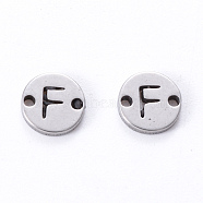 201 Stainless Steel Links, Laser Cut, Flat Round with Letter, Letter.F, 6x6x1mm, Hole: 0.8mm(X-STAS-R112-01F)
