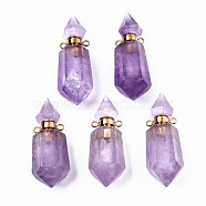 Faceted Natural Amethyst Pendants, Openable Perfume Bottle, with Golden Tone Brass Findings, Hexagon, 40~41.5x15x13.5mm, Hole: 1.8mm, Bottle Capacity: 1ml(0.034 fl. oz)(G-T131-15G)