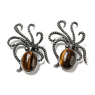 Natural Tiger Eye Octopus Brooch, Alloy Pave Jet Rhinestone Sea Animal Pins, Antique Silver, 52.5~53x36.5x8~9mm, Hole: 7x4mm(G-Z050-01F)