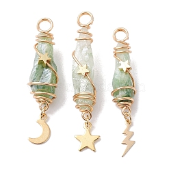 3Pcs 3 Styles Electroplated Natural Quartz Crystal Copper Wire Wrapped Pendants, TearDrop Charms with Golden Tone Alloy Moon & Star & Sun & Lightning Bolt, Dark Sea Green, 44.5~48.5x8~10.5x6.5~13mm, Hole: 4mm, about 1pc/style(PALLOY-JF02586-06)