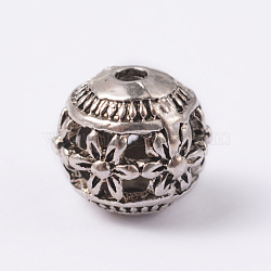 Round with Flower Tibetan Style Alloy Hollow Beads, Antique Silver, 11x10mm, Hole: 2mm(X-TIBEB-AD-45909-AS)