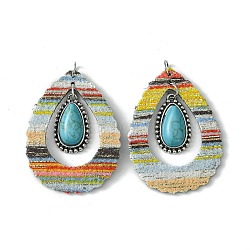 Teardrop Alloy & Synthetic Turquoise & Imitation Leather Big Pendants, with Iron Jump Ring, Gold, 53x39.5x6.5mm, Hole: 5mm(FIND-G069-03P-01)