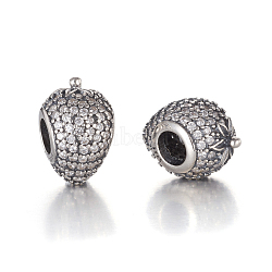 Antique Silver Plated 925 Sterling Silver European Beads, Large Hole Beads, with Cubic Zirconia, Carved with 925, Strawberry, Clear, 13.5x9x10mm, Hole: 4mm(STER-L062-18AS)