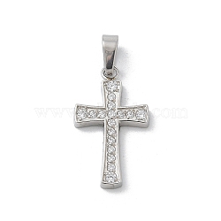 Ion Plating(IP) 304 Stainless Steel Micro Pave Cubic Zirconia Pendants, Cross Charms, Stainless Steel Color, 17.5x10x1.8mm, Hole: 4x2.5mm,(STAS-Z107-08P-09)