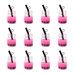 Glass Bottle Pendants, with Resin Inside and Iron Findings, Imitation Bubble Tea/Boba Milk Tea, Hot Pink, 20~25x11~14x11mm, Hole: 1.8mm(X-CRES-S359-01G)