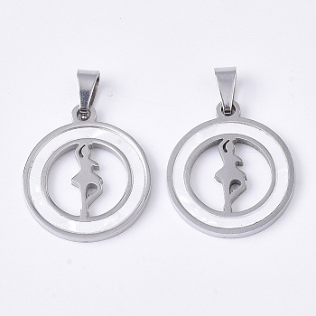 201 Stainless Steel Pendants, with Shell and Random Size Snap on Bails, Flat Round with Dancer, Stainless Steel Color, 23x20x2mm, Hole: 7~10x3~5mm