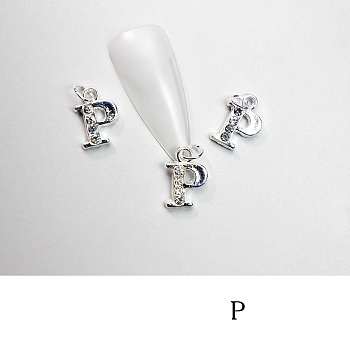 Alloy Rhinestone Cabochons, Nail Art Decoration Accessories, with Jump Ring, Letter, Platinum, Letter.P, 11~14x5~12mm