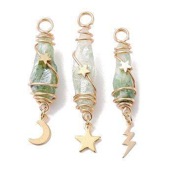 3Pcs 3 Styles Electroplated Natural Quartz Crystal Copper Wire Wrapped Pendants, TearDrop Charms with Golden Tone Alloy Moon & Star & Sun & Lightning Bolt, Dark Sea Green, 44.5~48.5x8~10.5x6.5~13mm, Hole: 4mm, about 1pc/style