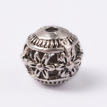 Round with Flower Tibetan Style Alloy Hollow Beads, Antique Silver, 11x10mm, Hole: 2mm