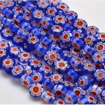 Handmade Millefiori Glass Flat Round Bead Strands, Single Flower Design, Royal Blue, 8x4mm, Hole: 1mm, about 53pcs/strand, 14.7 inch