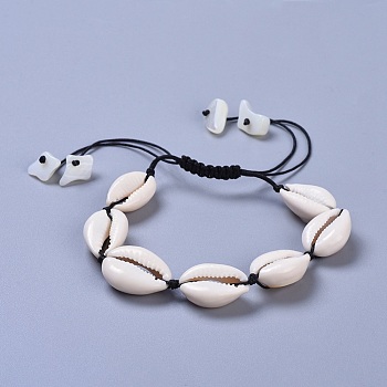 Adjustable Cowrie Shell Braided Bead Bracelets, with Spiral Shell Chip Beads and Nylon Cord, 1-7/8 inch(4.8cm)