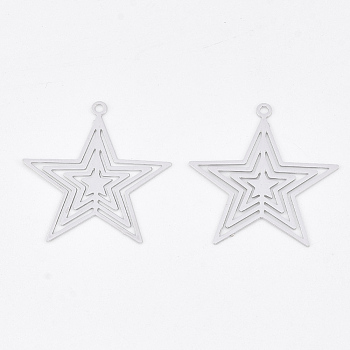 Brass Pendants, Etched Metal Embellishments, Long-Lasting Plated, Star, Platinum, 22.5x21.5x0.3mm, Hole: 1.2mm