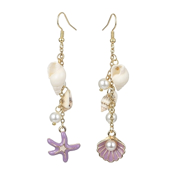 Alloy Enamel Starfish Dangle Earrings, Shell Pearll & Shell Asymmetrical Earrings, Plum, 77x17mm