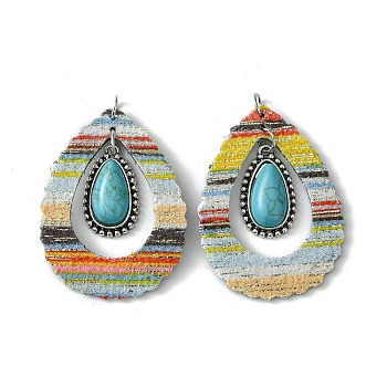 Teardrop Alloy & Synthetic Turquoise & Imitation Leather Big Pendants, with Iron Jump Ring, Gold, 53x39.5x6.5mm, Hole: 5mm