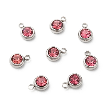 201 Stainless Steel Rhinestone Charms, October Birthstone Charms, Flat Round, Stainless Steel Color, Rose, 8.5x6x3mm, Hole: 1.5mm