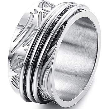 Retro Rotatable 304 Stainless Steel Finger Rings, Flower Pattern, Fidget Spinner Ring for Calming Worry Meditation, Stainless Steel Color, US Size 10(19.8mm)