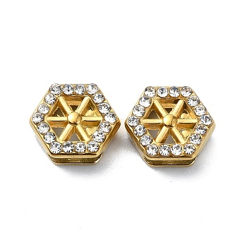 Ion Plating(IP)  304 Stainless Steel Slide Charms, with Rhinestone, Real 18K Gold Plated, Hexagon, 10.5x11.5x5mm, Hole: 6x2mm