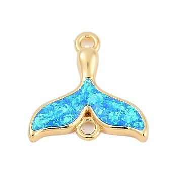 Brass & Synthetic Opal Whale Tail Connector Charms, Long-Lasting Plated, Rack Plating, Lead Free & Cadmium Free, Deep Sky Blue, Real 18K Gold Plated, 14x14.5x2mm, Hole: 1.4mm