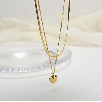 304 Stainless Steel Herringbone & Curb Chains Double Layered Necklaces, Love You Heart Pendant Necklace, Golden, 15.31 inch(38.9cm)