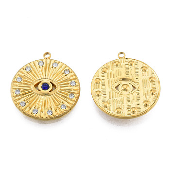 304 Stainless Steel Pendants, with Montana Rhinestone, Flat Round with Eye, Real 18K Gold Plated, 23x21x3mm, Hole: 1.5mm