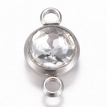 Glass Links connectors, Faceted, with 304 Stainless Steel Findings, Flat Round, Stainless Steel Color, Crystal, 17.5x10x6.5mm, Hole: 2.5mm
