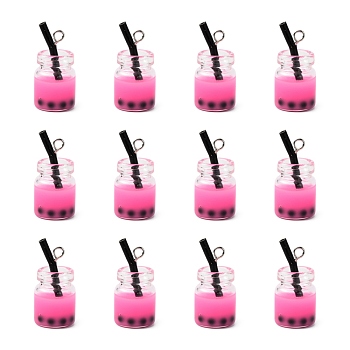 Glass Bottle Pendants, with Resin Inside and Iron Findings, Imitation Bubble Tea/Boba Milk Tea, Hot Pink, 20~25x11~14x11mm, Hole: 1.8mm